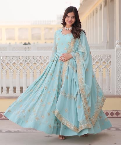 Fashion Basket Havy Georgette Embroidered Anarkali Dress for Women Sky Blue