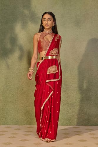 Taneira Red Viscose Satin Embroidered SareeWith Unstitched Blouse(SAPP03AD6702-Red)