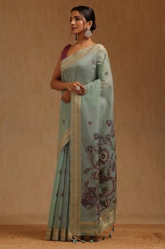 Soch Womens Turquoise Blue Chanderi Woven Design Saree