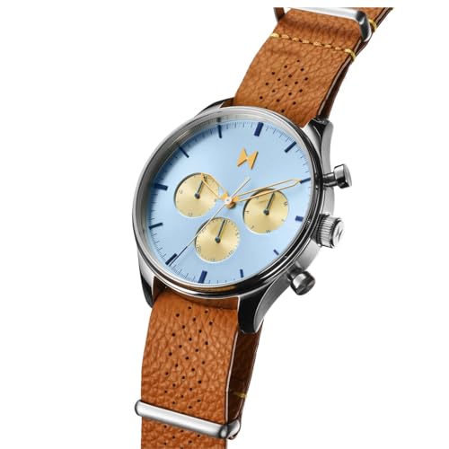 MVMT Airhawk Qtz Multifunction Light Blue Round Dial Men's Watch|Tan Calfskin Material|Grey Color Band - 28000387-D