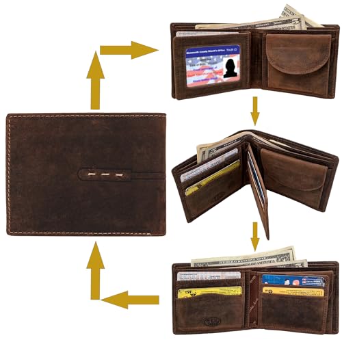 RUSTIC TOWN Mens Wallets - Full Grain Leather RFID Wallet for Men with ID Window, Card Slots and Coin Pocket (Large, Dark Brown)