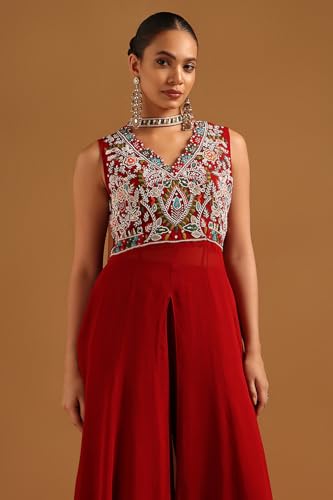Soch Womens Red Georgette Botanical Salwar Suit With Beads And Stones