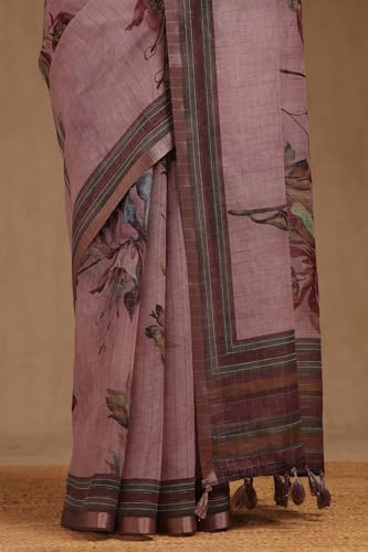 Soch Womens Purple Linen Floral Print Saree