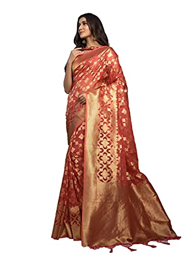 Vardha Women's Organza Art Silk Saree with Unstitched Blouse Piece - Zari Woven Work Sarees for Wedding (Kalini Silk, 435, Peach)
