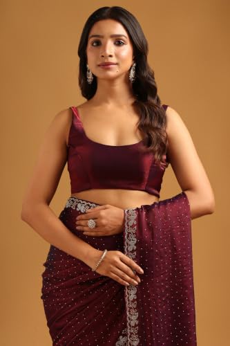 Soch Womens Wine Fendy Organza Stonework Embellished Saree