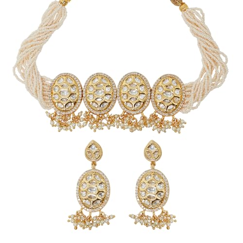 VOYLLA Faux Kundan and Pearls Embellished Gold Plated Traditional Jewellery Set