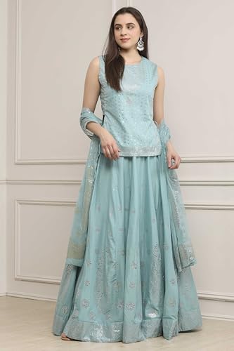 Biba Women Powder Blue Cotton Printed Lehenga Set_42