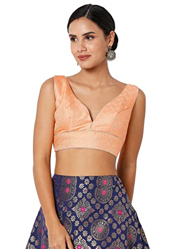 SALWAR STUDIO S Women's Peach Brocade Self Design Readymade Saree Blouse-SSB4180-PECH