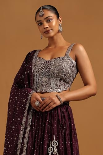 Soch Womens Wine Chinon Floral Lehenga Choli Set With Stone Work