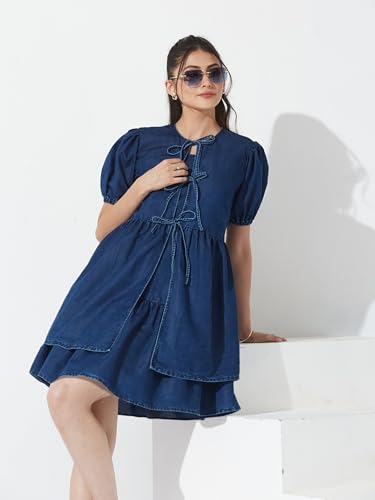 Miss Chase Women’s Round Neck Puff Sleeve Tie-Up Knee-Length Denim Dress (MCAW25DEN04-78-71-05, Navy Blue, L)