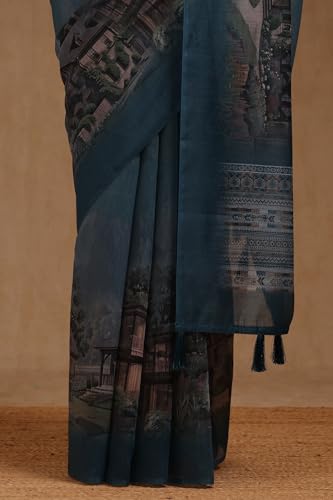 Soch Womens Teal Blue Chanderi Digital Print Saree