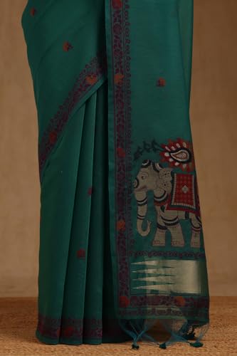 Soch Womens Teal Chanderi Woven Design Saree