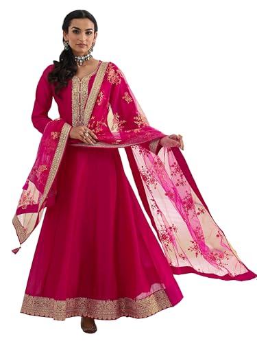 Libas Embroidered Silk Blend A-Line Ethnic Dress with Dupatta-93608L Pink
