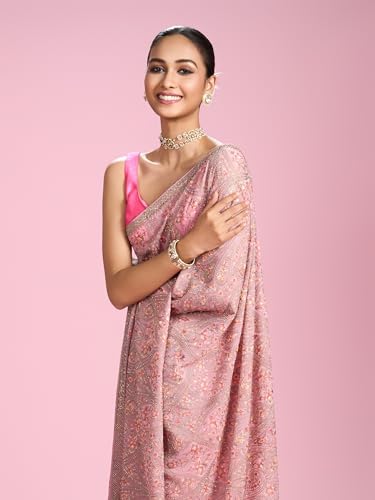 MOHEY Women's Organza Stone Work, Thread Work Saree with Blouse Piece(Pink)