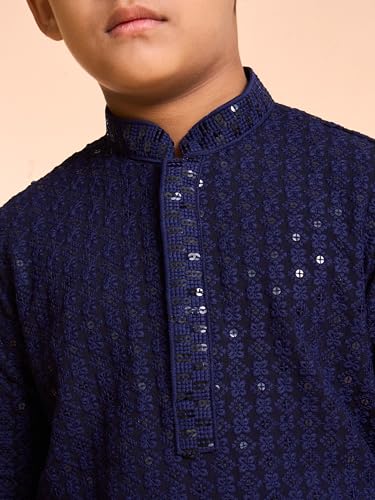 Manyavar Boys Viscose Chikankari Sequined Kurta Pyjama Set (Dark Blue,10-12Y)