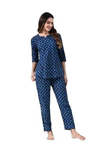 Ichaa Women Cotton Printed Night Wear Top and Payjama Night Suit Set, Blue, Large