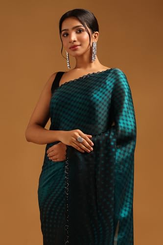 Soch Womens Turquoise Blue Organza Geometric Saree With Stone Work