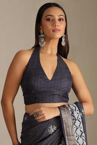 Soch Womens Navy Blue Art Silk Batik Print Saree With Zari