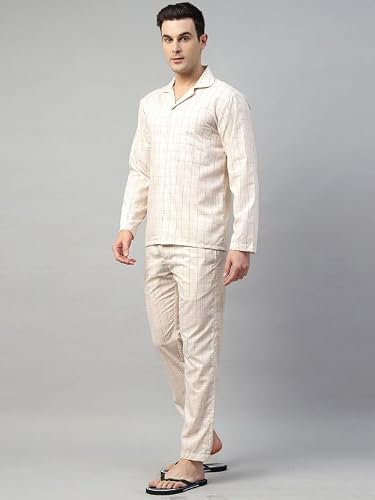 English Navy Men Checked Night Suit Beige S, Soft Breathable Fabric for a restful Night, Perfect for Bedtime and Home wear, Comfortable Relaxed fit for Lounging