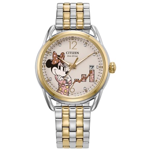 Citizen Womens Ladies Eco-Drive Disney Minnie Mouse Enpowered Two-Tone Dial Stainless Steel Analog Watch With Crystal Accents,White Dial,3 Hand (Model: Fe6084-70W),Two-Tone Band