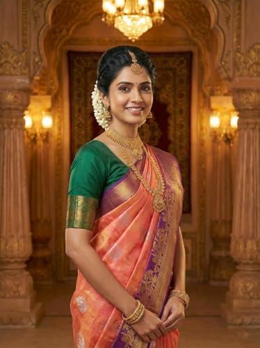VFCollections Women's Traditional Handloom Kanchipuram Silk Pure Pattu Sarees | Rich Zari Woven Design | Unstitched Blouse (VFC106) (VFC264-3)