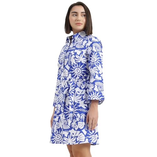 United Colors of Benetton Regular Fit Spread Collar Printed Dress (Size : 2XL) - 26P4WVNDR318I901 Blue