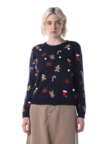 ONLY Women's Self Design Regular Fit Navy Blue Sweater
