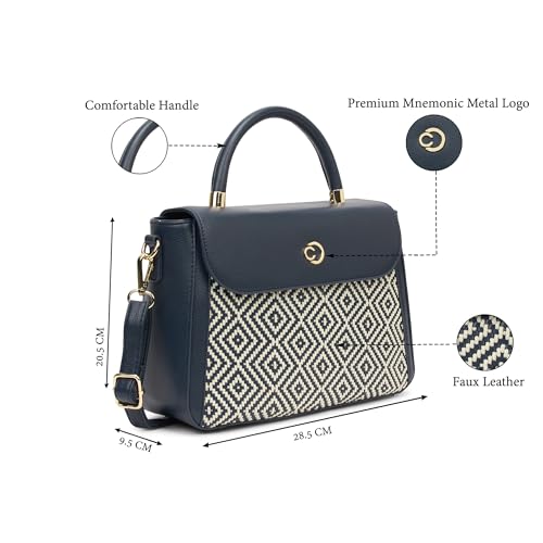 Caprese Wind Medium Satchel Bag for Women | Woven Texture Faux Leather Shoulder Bag with Adjustable & Detachable Strap | Dual Zipper & Magnetic Button Closure for Office & Casual Use (Midnight Blue)