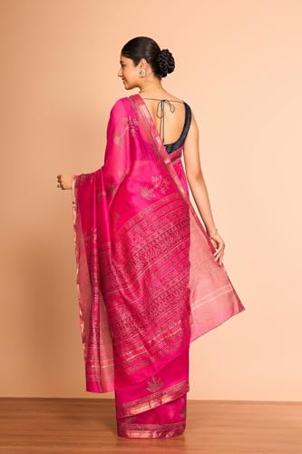 Taneira Women Pink Rajasthan Pure Silk Cotton Printed Sanganeri Saree with Unstitched Blouse Piece (SAPP01AC6734-Pink)