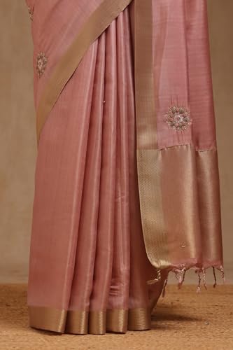 Soch Womens Pink Tussar Solid Saree With Thread Work