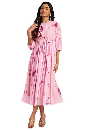 Janasya Women's Pink Dobby Georgette Tie-Dye Fit & Flare Dress(JNE4391-DR-M)