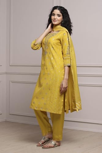 Biba Women Lime Cotton Blend Straight Yarndyed Suit Set_42