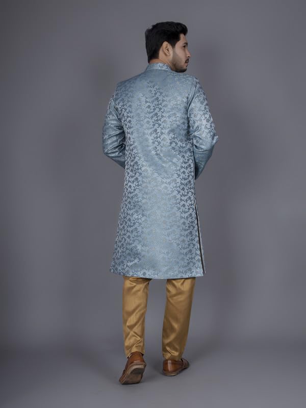 Ethzy Men's Sky Jacquard Casual Regular Full Sleeve Indo Western with Pajama Set - Traditional and Trendy