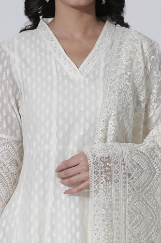 W for Woman Off-White Cotton Blend Anarkali Embroidered Kurta, Straight Pants and Dupatta Set (Size: XS)-24FESP10670-313617