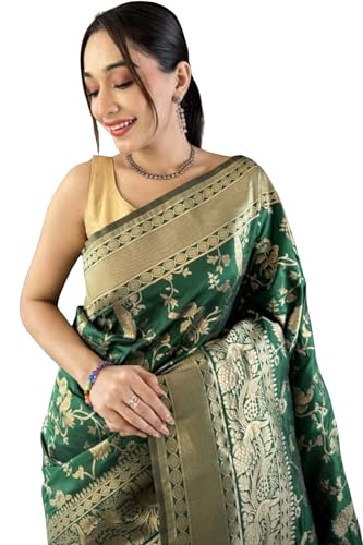 SGF11 Women's Kanjivaram Soft Silk Handloom Saree Golden Zari With Blouse Piece (Green)
