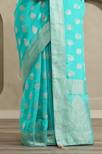 Soch Womens Turquoise Blue Crepe Ethnic Motifs Zari Woven Saree