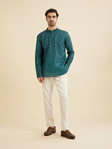 Manyavar Men's Cotton Blend Digital Print Short Kurta (Teal Green,XXL)