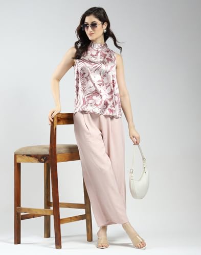Monte Carlo Women Printed Co-ord Set | Regular Fit | Sleeveless Top | Band Neck | Elastic Waist | Wide Leg Pant | Casual Loungewear Set for Women's Pink L (Pack of 1)