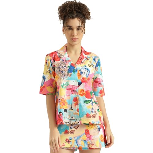 United Colors of Benetton Regular Fit Spread Collar Collage Print Shirt (Size: M) - 26P5WVNTPX69I901 Multicolor