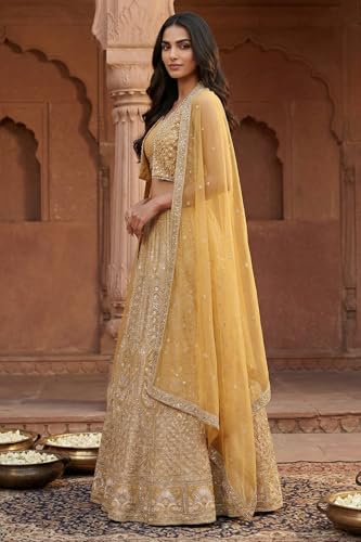 Aurelia Women's Yellow Sequins Georgette Blouse and Skirt set with Dupatta and Jacket - (AD10774-E609524-L)