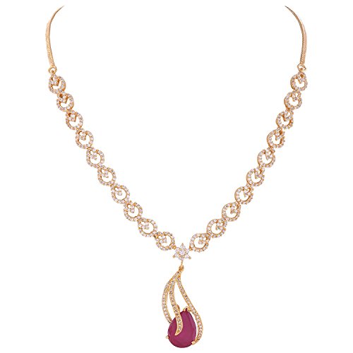 RATNAVALI JEWELS Red American Diamond Traditional Ruby Necklace Pendant Set with Earring for Women