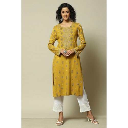 Rangriti Women's Acrylic Printed Regular Kurtas (WNTRWR18869AW23YEL_Yellow
