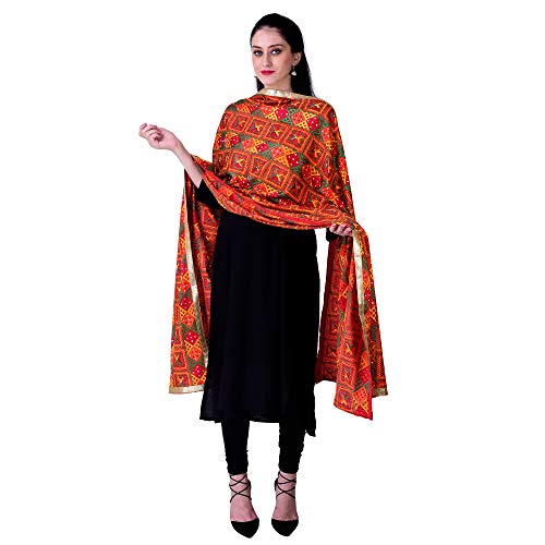 SWI WITH LABEL Women's Heavy Embroidered Phulkari Chiffon Dupatta with Mirror Work