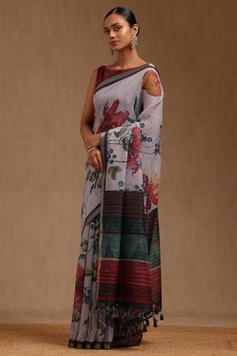 Soch Womens Powder Blue Linen Botanical Print Saree