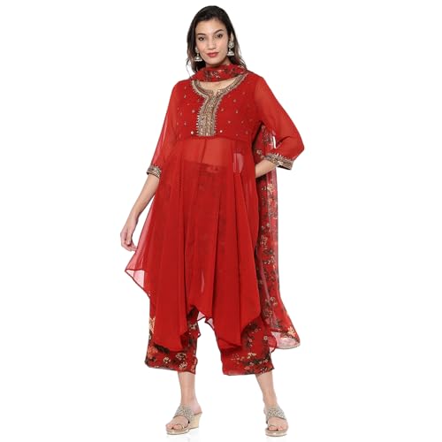 BIBA Women's Georgette Kurta Sets (SKDFLOROM10098AW24RED_Red