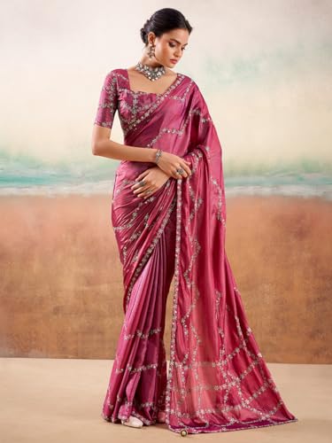 AKHILAM Women's Pink Georgette Embellished Saree With Unstitched Blouse Piece (PARINAY1004_SR)