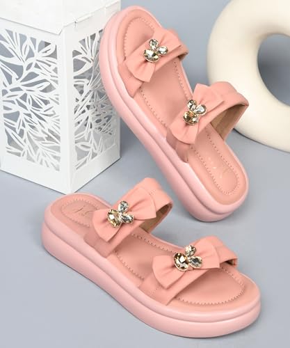JM LOOKS Women Open Toe Stone Embellished Platform Heels Sandals with Bows Peach