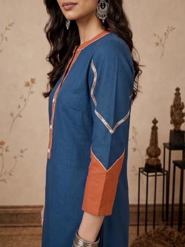 Varanga Women Blue With Rust A Line Kurta Trousers Set Mandarin Collar