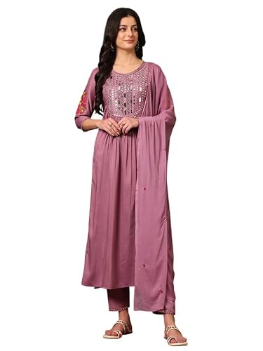NIVANA Stylish Womens Mirror Embroidered Kurta with Pant & Embroidered Dupatta | Lightweight & Breathable | Ethnic Traditional Outfit for Womens & Girls (Lavender,2XL)