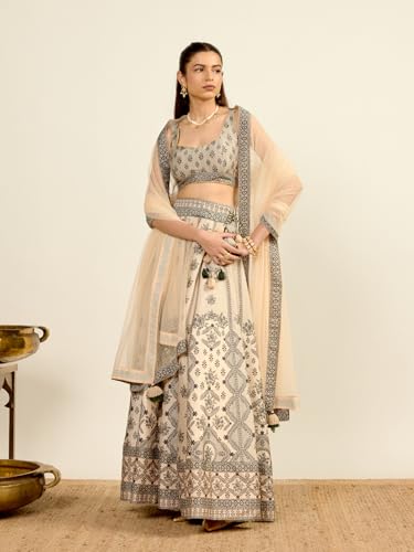 Aarke Ritu Kumar Ecru Round Neck Blouse With Lehenga And Dupatta